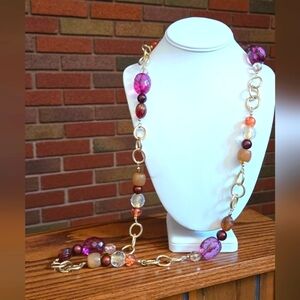 Vintage George Gold Tone and Purple Brown Tan Color Beaded Necklace